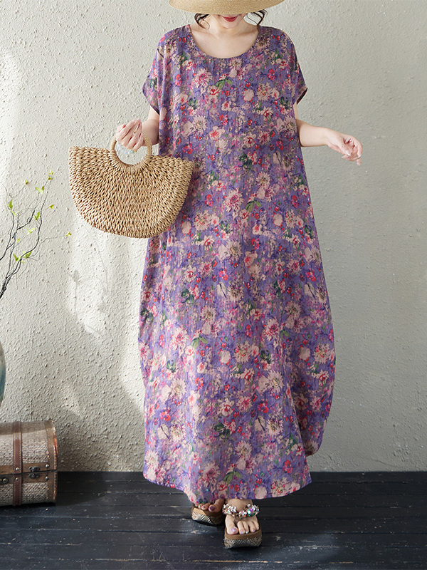 Ethnic Fashion Walk - Свободное хлопково-льняное платье макси с круглым